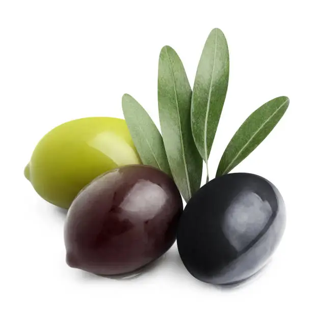 Delicious black, green and brown olives with leaves, isolated on white background