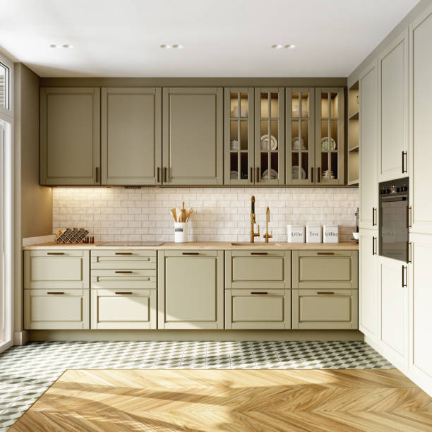 istock Interior of a modern spacious kitchen with beige mosaic backsplash, wooden cupboard and parquet floor. 3D rendering. 1406244843