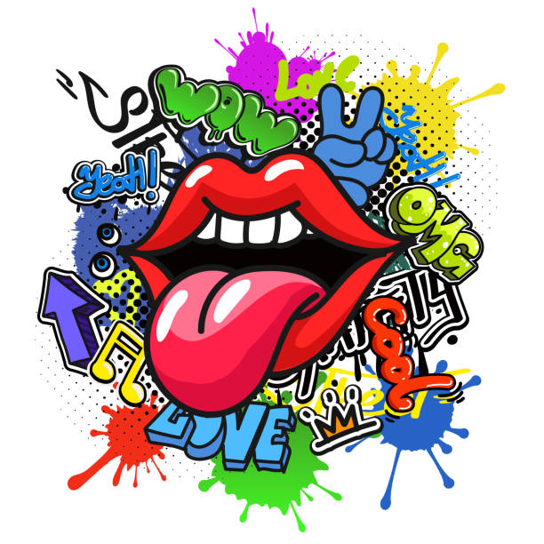 ilustraciones, imágenes clip art, dibujos animados e iconos de stock de pop art vector hablando labios rojos graffiti. - omg