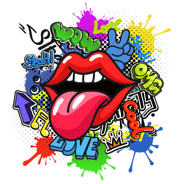 ilustrações de stock, clip art, desenhos animados e ícones de pop art vector speaking red lips graffiti. - omg