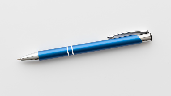 Blue office pen on white background