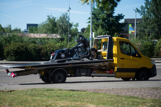 view of indian custom motorbike on tow truck parked in the street stock photo