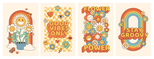 illustrations, cliparts, dessins animés et icônes de affiches hippies groovy des années 70 avec fleur, arc-en-ciel, amour dans un style de dessin animé psychédélique rétro à la mode. - illustrations de cool