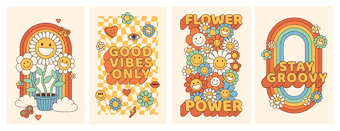 Groovy hippie 70s posters. Funny cartoon flower, rainbow, love, daisy etc. Vector cards in trendy retro psychedelic cartoon style. Vector backgrounds. Flower power. Stay groovy. Good vibes.