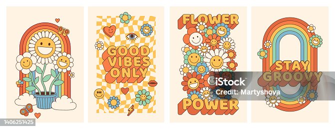 istock Groovy hippie 70s posters with flower, rainbow, love in trendy retro psychedelic cartoon style. 1406251425