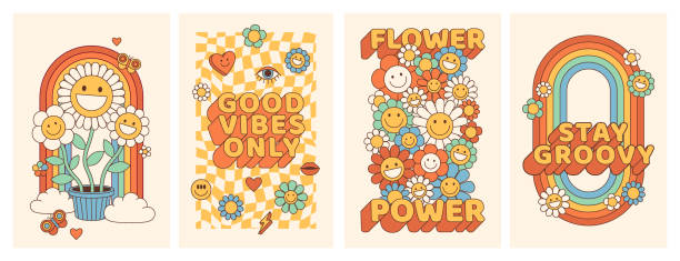 Groovy hippie 70s posters with flower, rainbow, love in trendy retro psychedelic cartoon style. Groovy hippie 70s posters. Funny cartoon flower, rainbow, love, daisy etc. Vector cards in trendy retro psychedelic cartoon style. Vector backgrounds. Flower power. Stay groovy. Good vibes. cool attitude stock illustrations