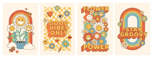 Vector illustration of Groovy hippie 70s posters with flower, rainbow, love in trendy retro psychedelic cartoon style.
