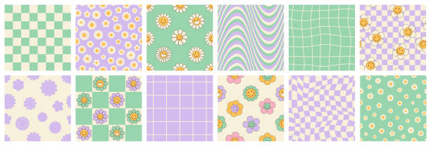 Groovy seamless patterns with funny happy daisy, wave, chess, rainbow in trendy retro y2k style. Groovy seamless patterns with funny happy daisy, wave, chess, mesh, rainbow. Set of vector backgrounds in trendy retro trippy y2k style. Lilac and green colors. Fun hippie texture for surface design. distorted face stock illustrations