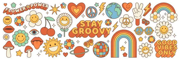 Vector illustration of Groovy hippie 70s stickers. Funny cartoon flower, rainbow, peace, heart in retro psychedelic style.