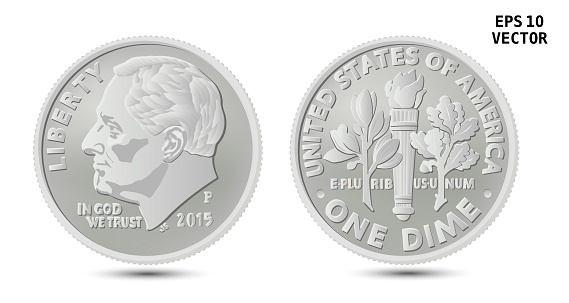 Roosevelt dime, United States one dime or 10-cent silver coin, The front of the coin has President Franklin Roosevelt, and the reverse has an olive branch, torch, oak branch. Realistic vector, eps-10.