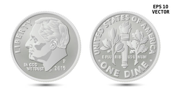 Roosevelt dime, United States one dime or 10-cent silver coin, The front of the coin has President Franklin Roosevelt, and the reverse has an olive branch, torch, oak branch. Realistic vector, eps-10. Roosevelt dime, United States one dime or 10-cent silver coin, The front of the coin has President Franklin Roosevelt, and the reverse has an olive branch, torch, oak branch. Realistic vector, eps-10. ten cents stock illustrations