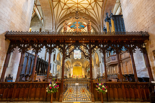 Tewkesbury.Gloucestershire.United Kingdom.June 2nd 2022.View of the quire  inside Tewkesbury Abbey in Gloucestershire