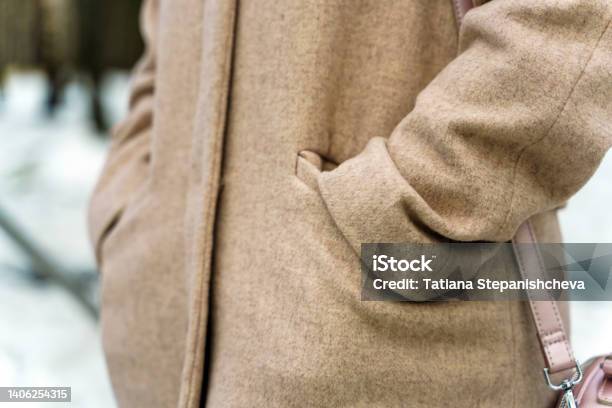 Hands In Pockets Of Coats Of Bezel Color Made Of Wool Stock Photo - Download Image Now