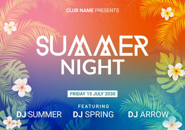 summer night dance party beach flyer design. summer night sunset tropical vector poster template background - plaj partisi stock illustrations