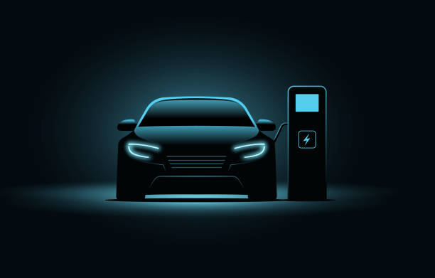 electric car ev charge station vector concept. electric vehicle charger energy background neon battery illustration - elektrikli araba lar stock illustrations