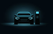 Electric car ev charge station vector concept. Electric vehicle charger energy background neon battery illustration
