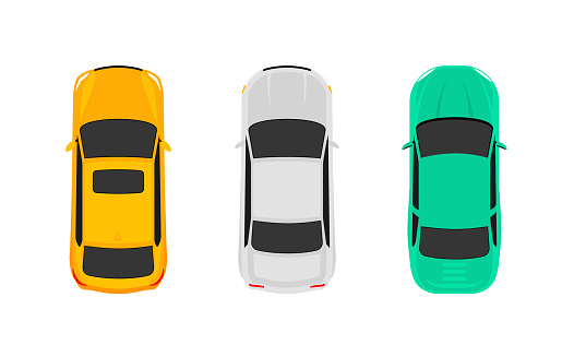 Car top view vector cartoon icon. Car above top view pictogram aerial illustration.
