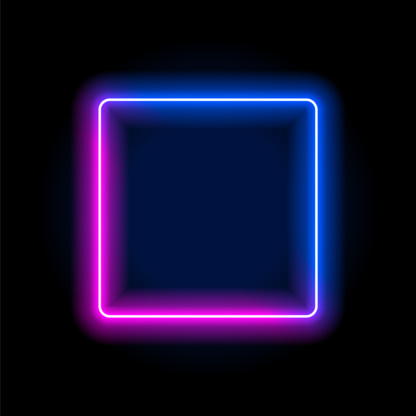 Neon light frame box line rectangle background. Led neon glow vector shape banner sign square background frame.