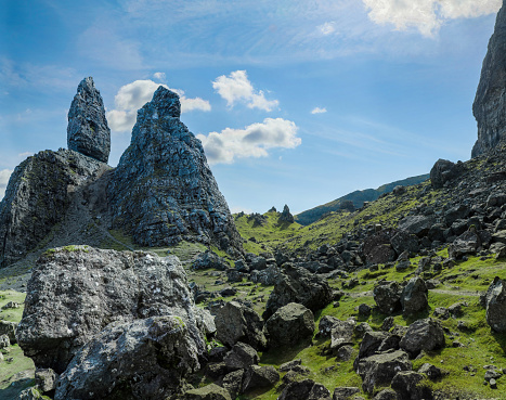 Panoramic view of the dramatic stone pinnacles of the Old Man of Storr