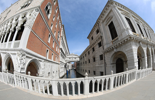 Rare view made with fisheye lens of landmarks and palaces in Venice Island in Northern Italy in South Europe without people during lockdown