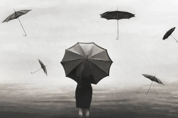 surreal woman with umbrella in the rain with flying black umbrellas around vector art illustration