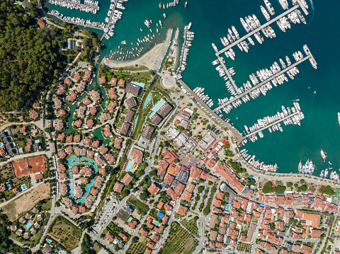 Aerial view of Gocek (Göcek) City Center and marina. Taken via drone. Fethiye, Mugla Turkey.