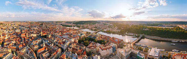 Aerial view of Prague city during sunset, Czech Republic