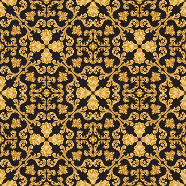 ilustrações, clipart, desenhos animados e ícones de vetor damask padrão perfeito de pergaminhos barrocos dourados, folha de acanthus em um fundo preto - pattern backgrounds classical style baroque style