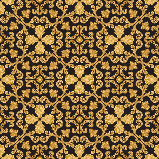 вектор дамасский бесшовный узор из золотых барочных свитков, лист аканта на черном фоне - pattern baroque style vector ancient stock illustrations