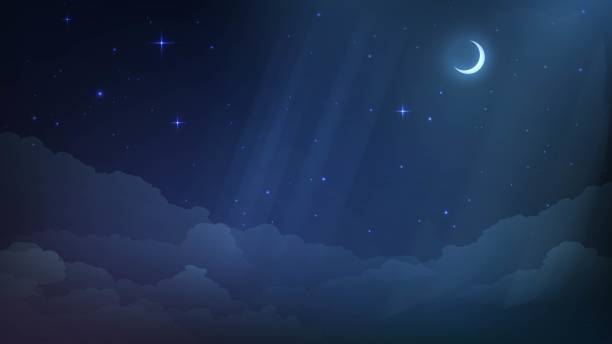 Night sky Night starry sky with clouds and crescent moon midnight stock illustrations