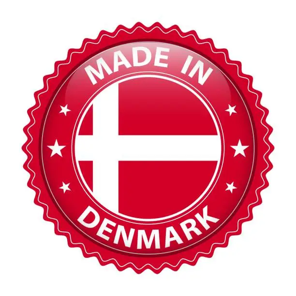 Vector illustration of Made in Denmark badge vector. Sticker with stars and national flag. Sign isolated on white background.