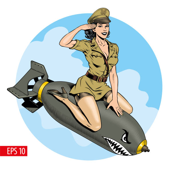 pinup-stil attraktive militärische junge frau, die eine bombe reitet. vektorillustration. - pin up stock-grafiken, -clipart, -cartoons und -symbole