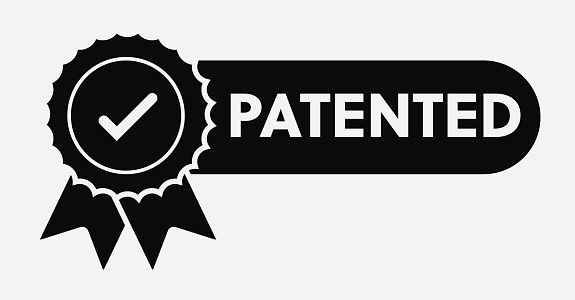 Patent stamp badge icon black and white, successfully patented licensed seal sign label isolated tag with check mark tick image. Vector illustration