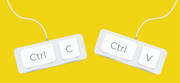 Keyboard keys Ctrl C and Ctrl V, copy and paste the key shortcuts. Computer icon on yellow background. Vector illustration