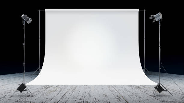 istock Empty photo studio with a professional photo lighting. White background. 3D illustration. Free space is empty to place your object, text or logo. Wooden floor 1406274631