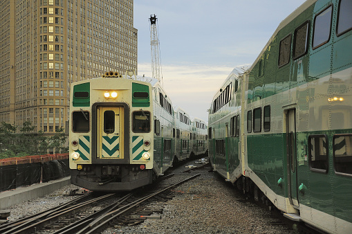 Passenger local trains move at Toronto Union station. Toronto. Canada.