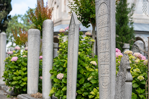 Gravestones belonging to the tombs in the mosque.
Photographed in Fatih district in Istanbul