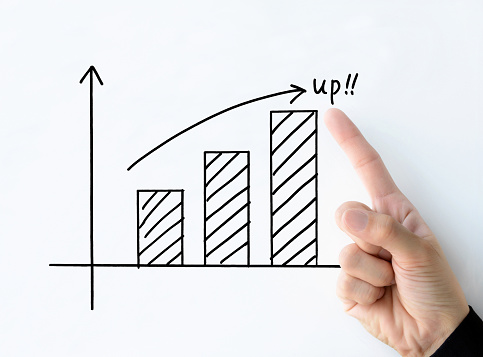 Human's hand pointing upward graph on white board