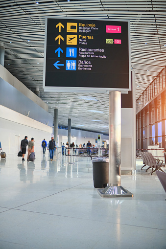 Directional signs in airport, Check in, Airport Departure & Arrival information board sign, Travel concept
