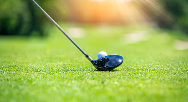 ゴルファーのトレーニングのためのゴルフクラブバッグとゴルフコースの背景、緑の木の太陽光線でゲームで遊ぶ。 - golf green practicing sports training ストックフォトと画像