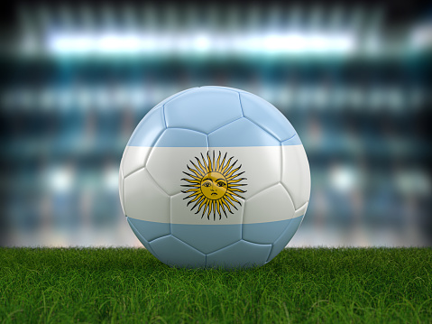 Soccer ball Argentina flag on a soccer pitch. 3d illustration.