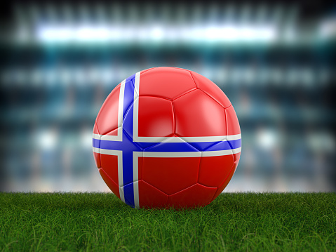 Soccer ball Norway flag on a soccer pitch. 3d illustration.