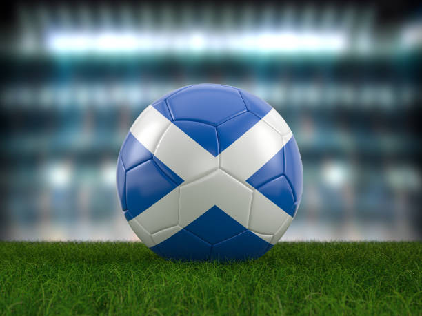 Soccer ball Scotland flag Soccer ball Scotland flag on a soccer pitch. 3d illustration. scotland football team stock pictures, royalty-free photos & images