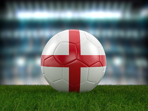 Soccer ball England flag on a soccer pitch. 3d illustration.