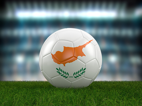 Soccer ball Cyprus flag on a soccer pitch. 3d illustration.