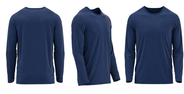 navy t-shirt manica lunga girocollo. rendering fotorealistico 3d - maniche lunghe foto e immagini stock