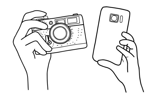Hands Holding a Camera and smartphone. Hand drawing illustration. Hands Holding a Camera and smartphone. Hand drawing illustration. doodle photos stock illustrations