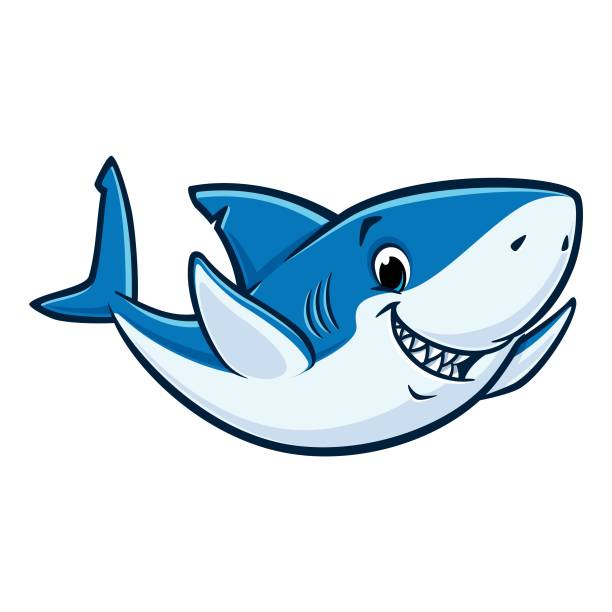 ilustraciones, imágenes clip art, dibujos animados e iconos de stock de tiburón de historieta cordial - shark animal blue cartoon