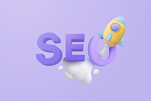 3D SEO optimization with rocket for marketing social media concept. Interface for web analytics strategy and research planing in purple background. 3d seo strategy vector icon render illustration