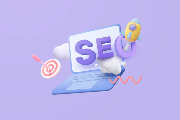 3d seo optimization with rocket for marketing social media concept. interface for web analytics strategy and research planing in laptop. 3d seo strategy vector icon render illustration - google stock illustrations